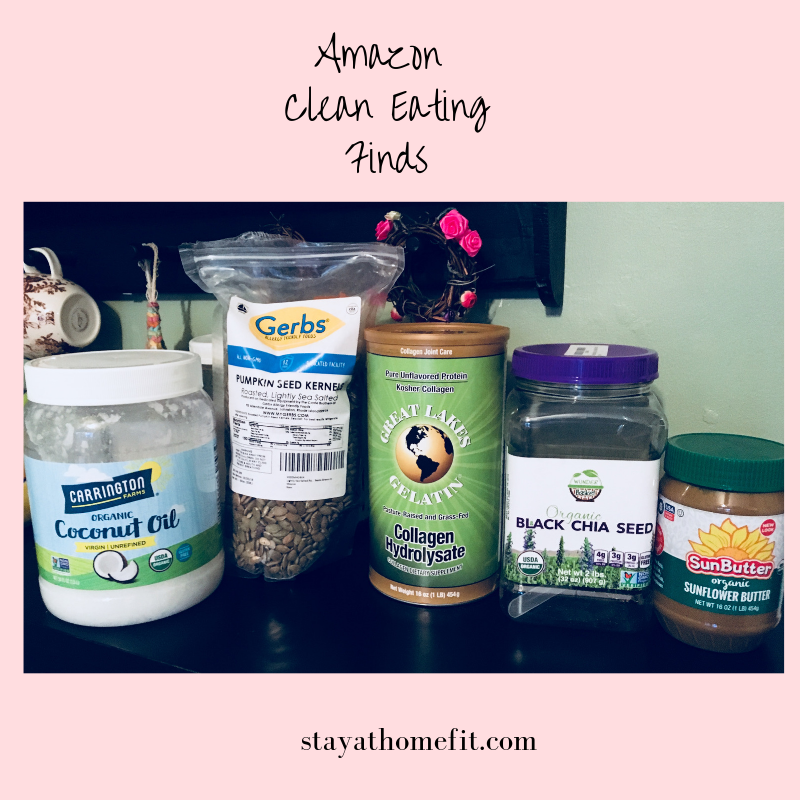 Amazon Clean Eating Finds with photo of coconut oil, pumpkin seeds, collagen, chia seeds, and sunbutter