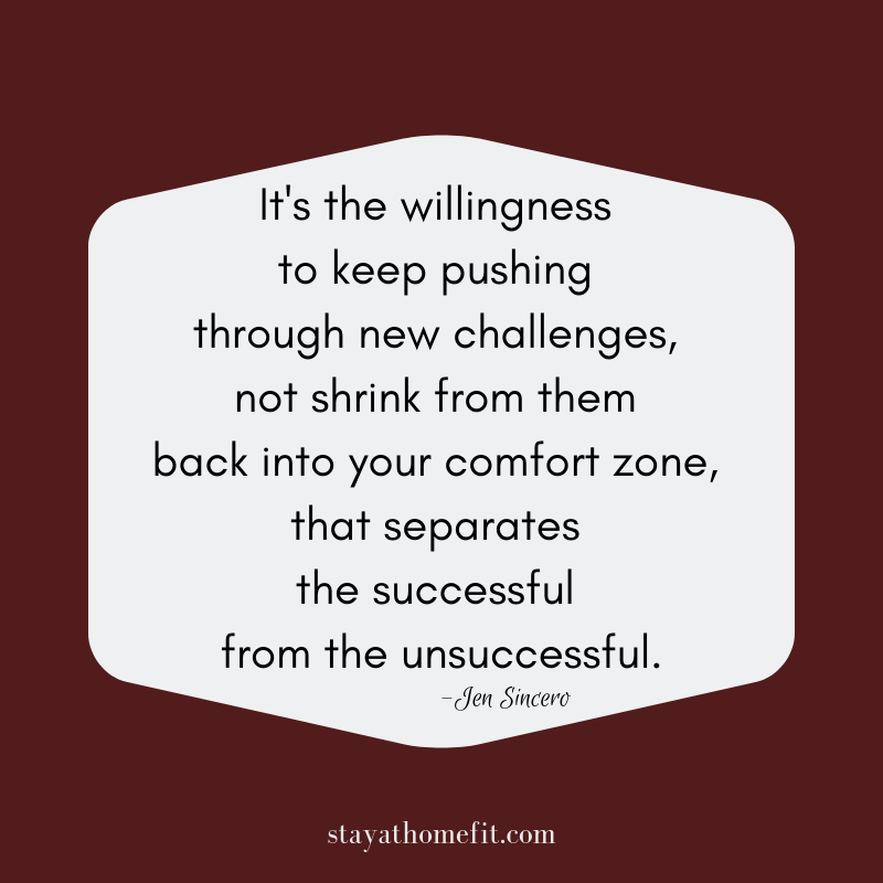 Jen Sincero quote: It's the willingness to keep pushing through new challenges, not shrink from back into your comfort zone, that separates the successful from the unsuccessful. 